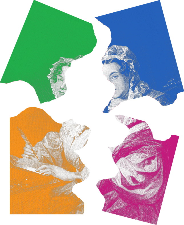 Four puzzle-piece-shaped colored panels (green, blue, orange, and magenta) each showing an engraved portrait fragment of Mary Russell Mitford; when assembled would show her writing with a quill pen.