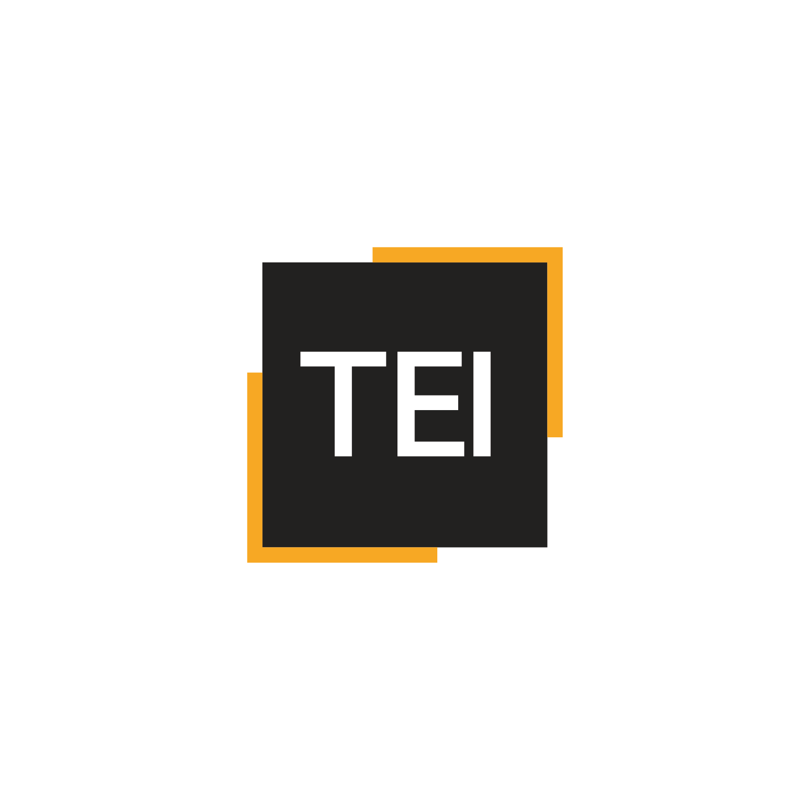TEI logo: white letters T-E-I on a black square, overlaid on an orange square