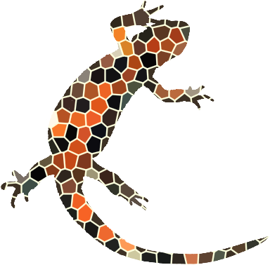 Stylized mosaic illustration of a firebelly newt in orange, black, and brown polygon shapes, reaching upward with a long curled tail.