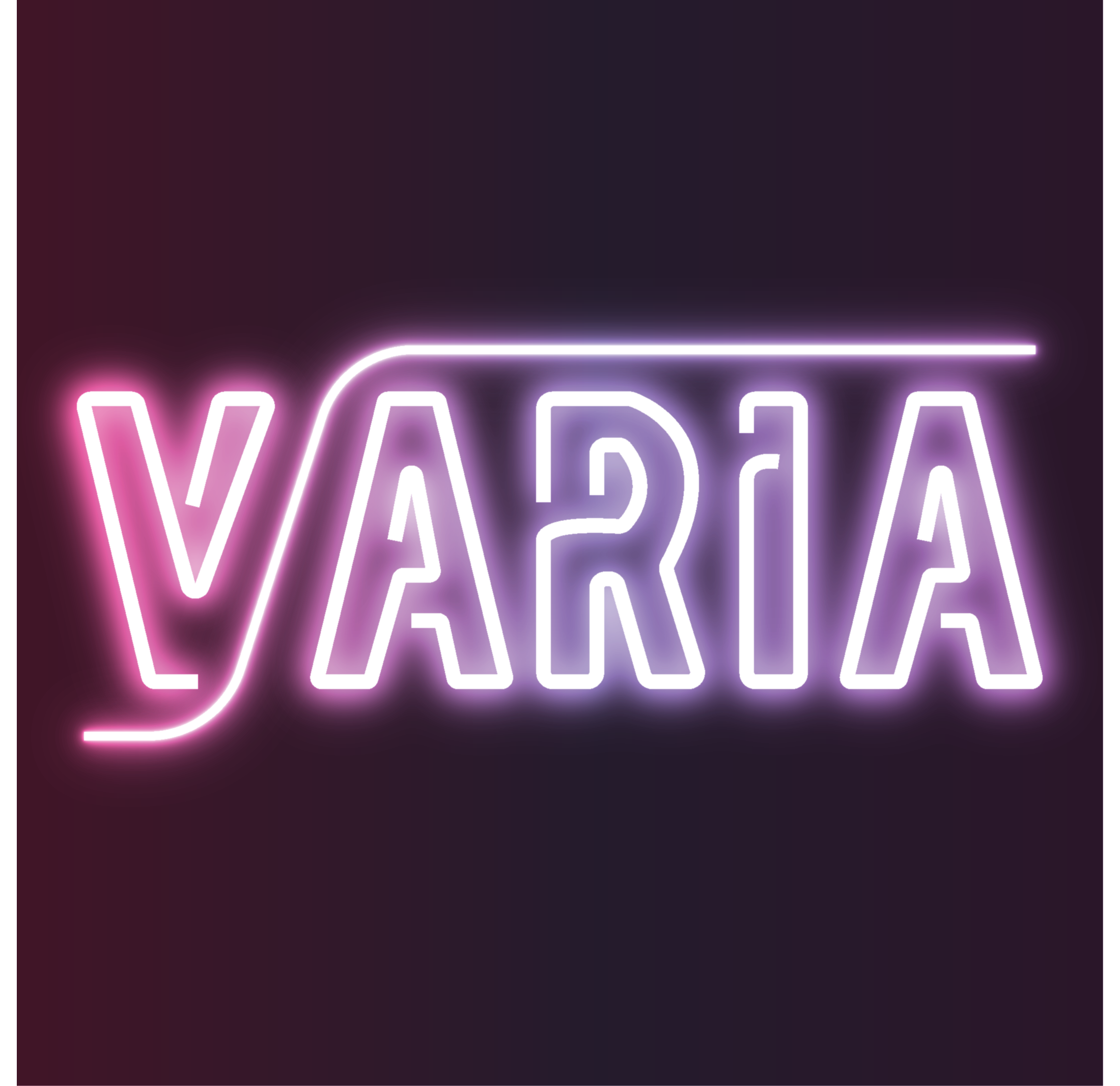 "VARIA" in stylized neon lettering, pink and white text on a purple background.